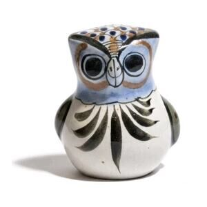 Tonala Pottery Owl Figurine Hand Painted Mexico Folk Art Blue Bird Floral 3½"